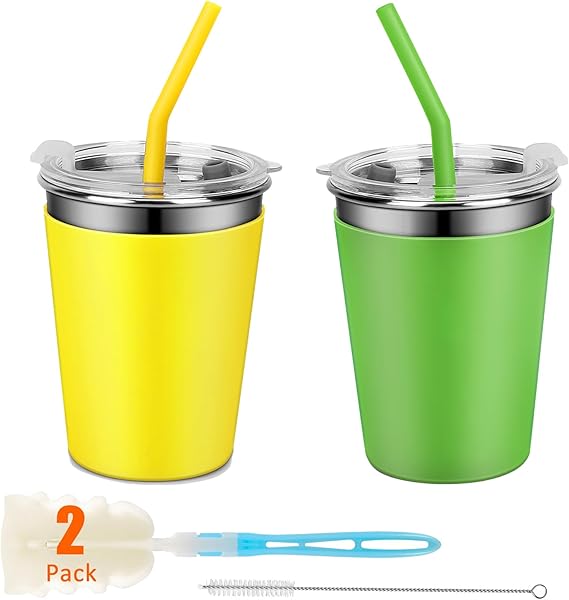 12 Pack Kids Cups Spill Proof, 12oz Stainless Steel Sippy Cup with Straws and Lids