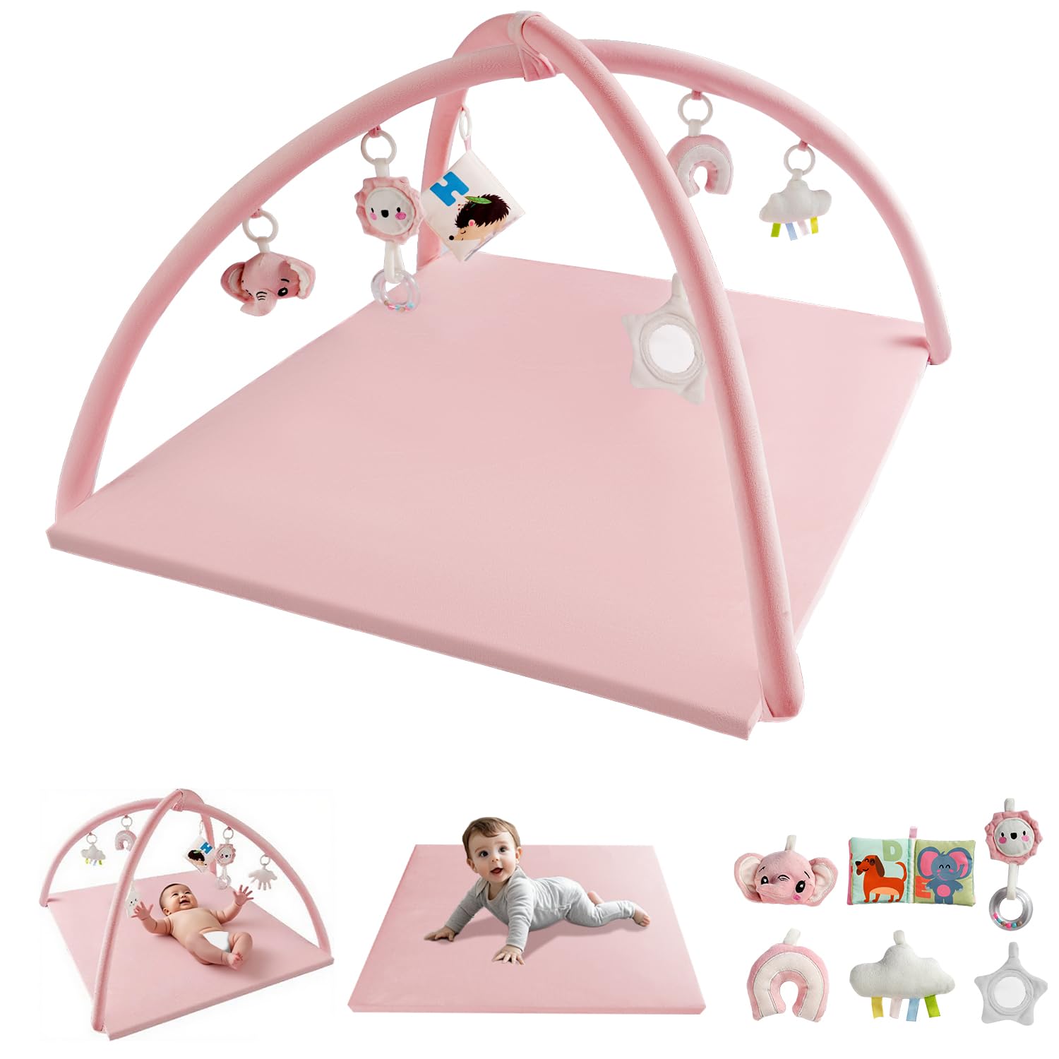 Baby Play Gym with Soft Foam Mat – Velvet Tummy Time Mat with 6 Sensory Toys