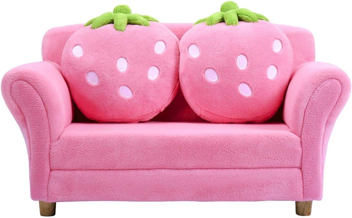 Kids Couch, Double Seat Pink Children's Sofa with 2 Strawberry