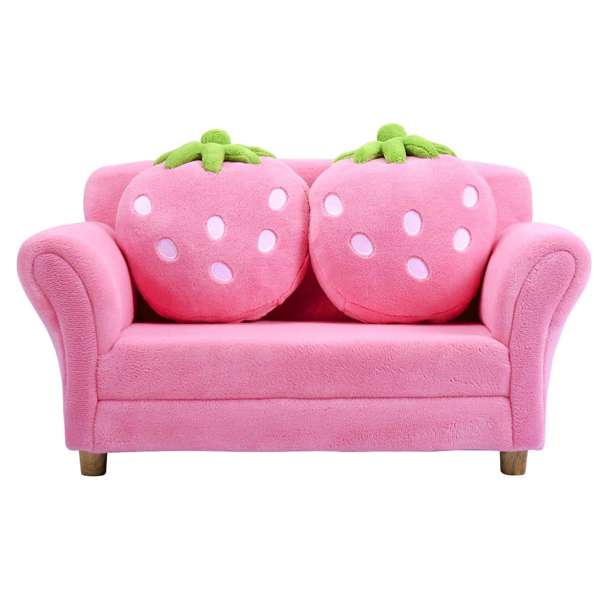 Kids Couch, Double Seat Pink Children's Sofa with 2 Strawberry