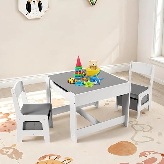 Kids Table and Chair Set, 4 in 1 Wooden Activity Desk