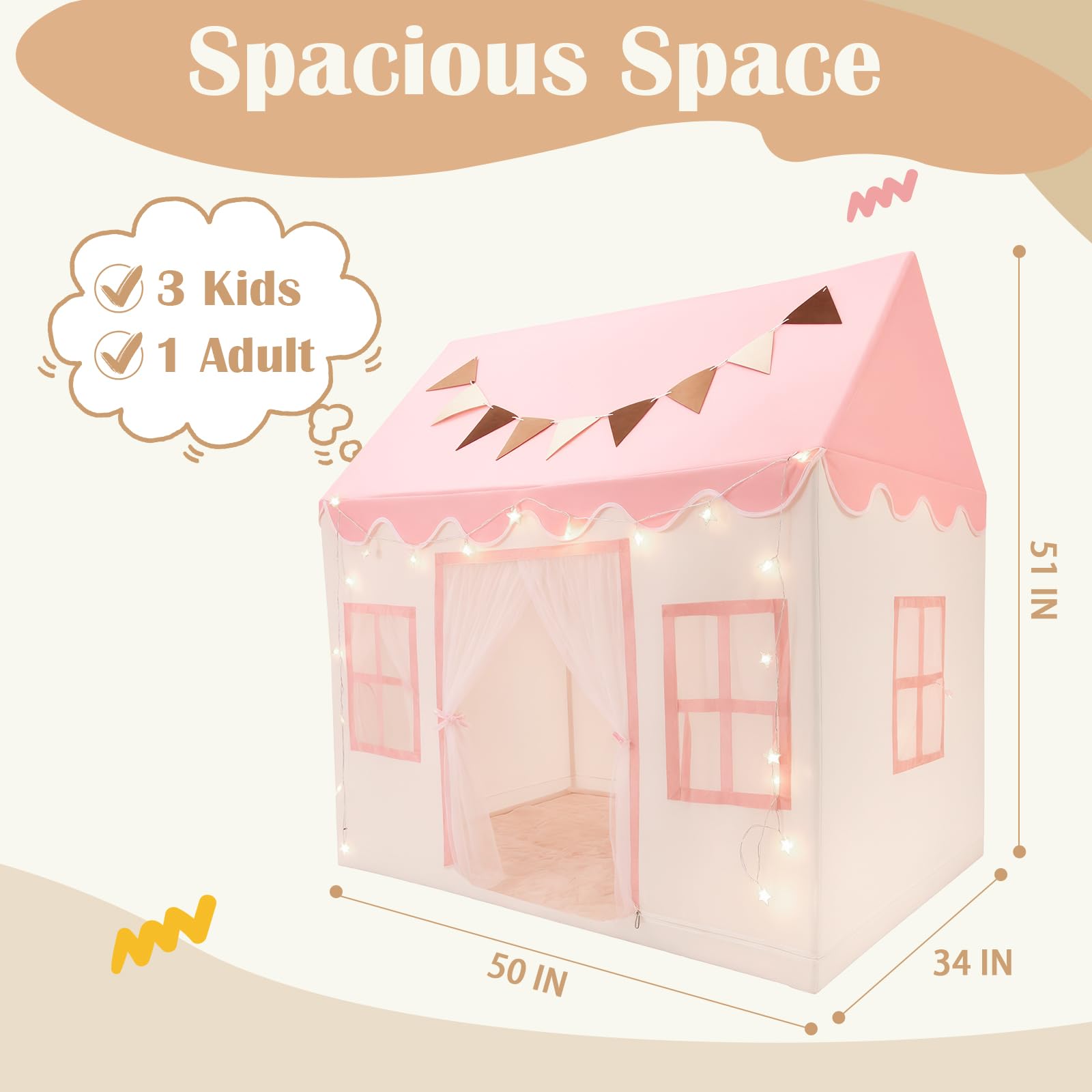Hopeseily Kids Play Tent with Non-Slip Mat, Star String, Decorating Flag, Machine Washable Large Playhouse, Indoor and Outdoor Play Tent for Kids, Pink, 47" x 40" x 52"