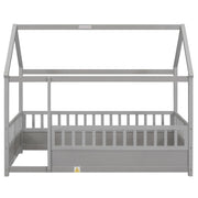 Kids Montessori Twin Size Floor Bed with High Fence, House Bed for Kids, Wooden, Gray