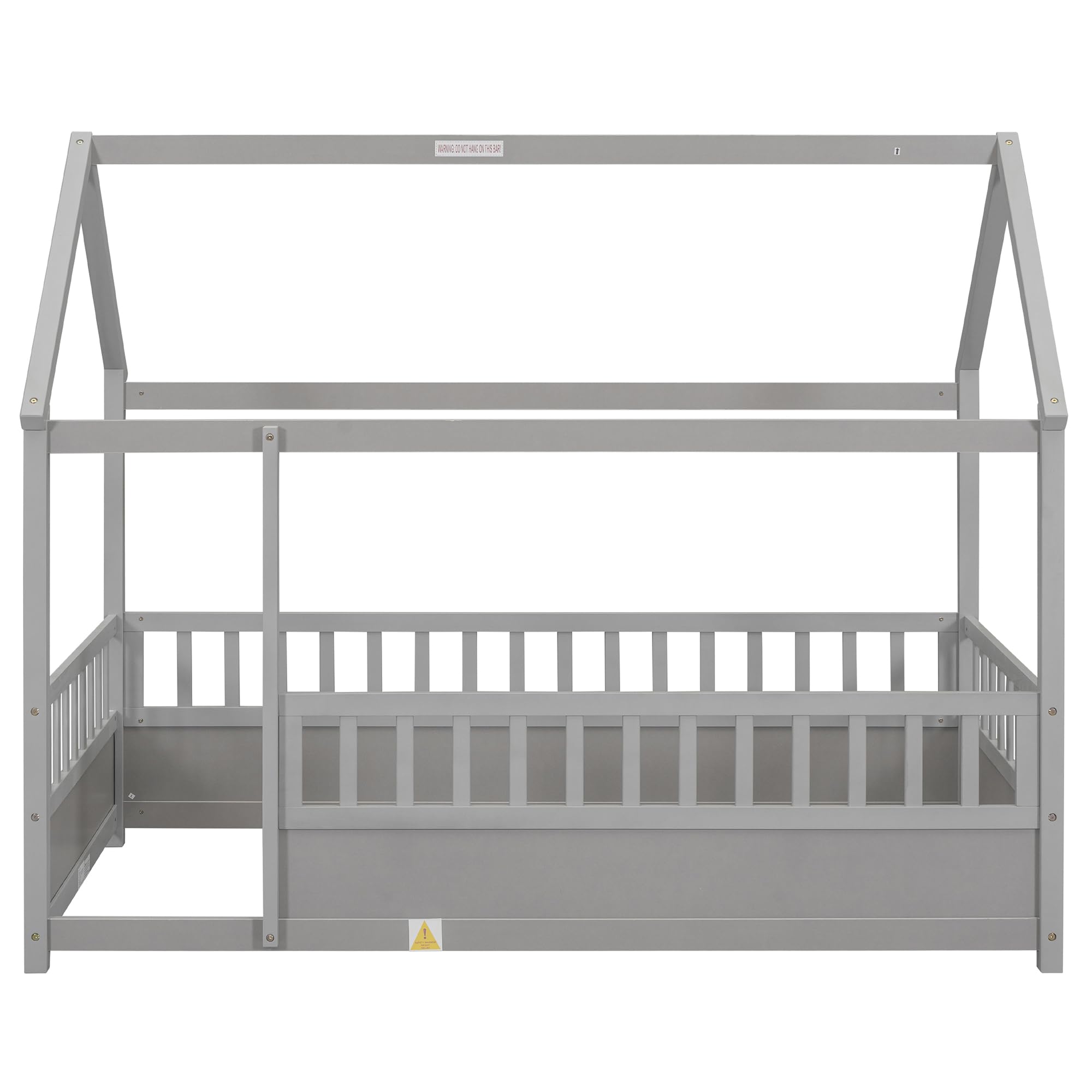 Kids Montessori Twin Size Floor Bed with High Fence, House Bed for Kids, Wooden, Gray