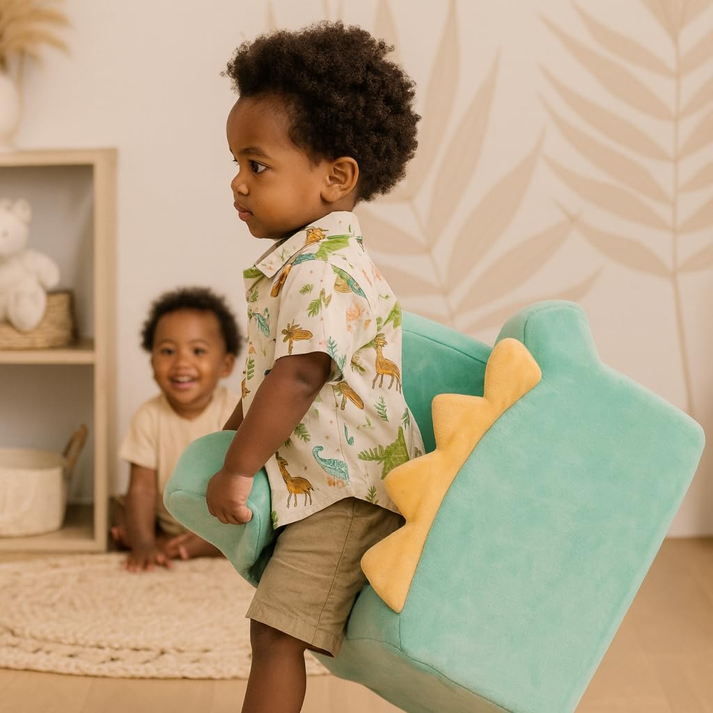 Dinosaur Toddler Chair – Custom Name Kids Sofa, Soft Plush Foam Seat for Playroom