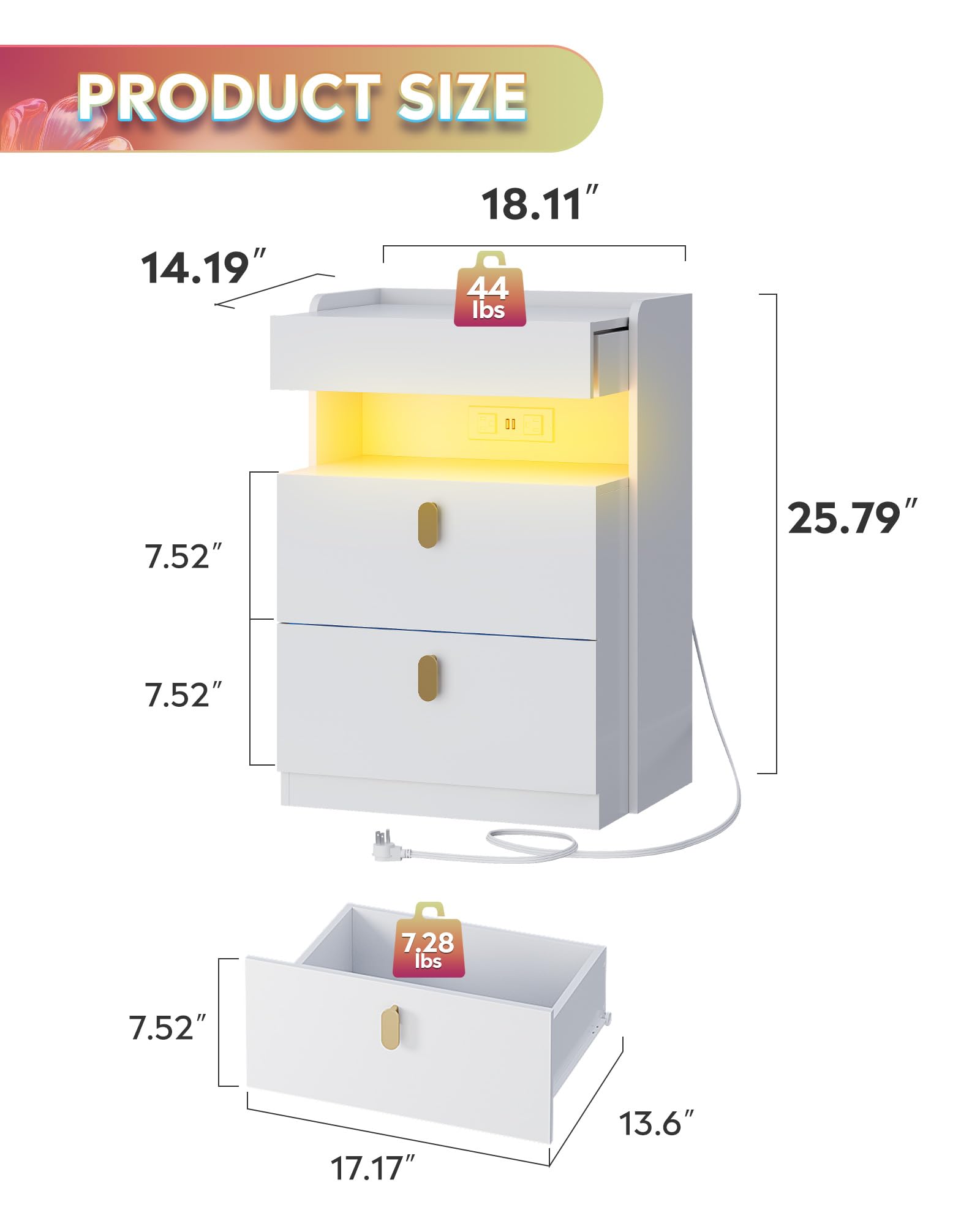 LED Nightstand with Charging Station and Drawers