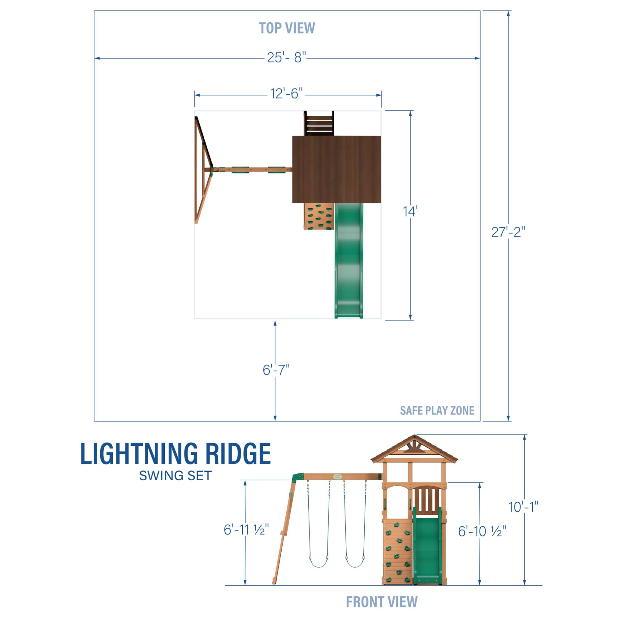 Cedar Wood Swing Set with Wave Slide Rock Wall Sandbox