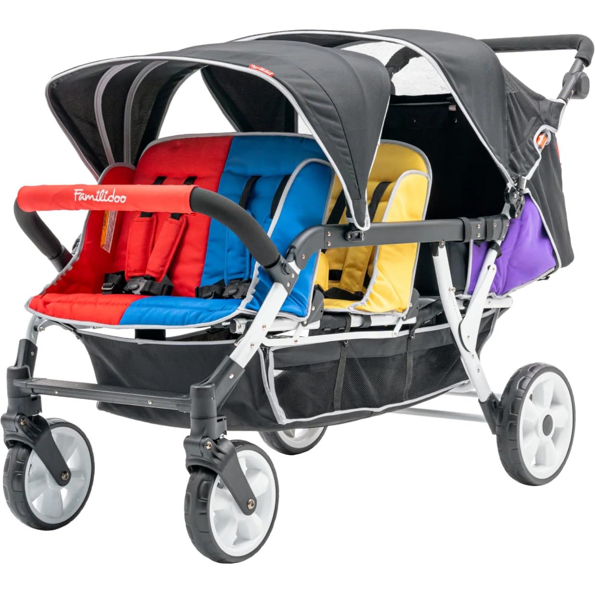 6-Seat Tandem Stroller with Double Canopy and Safety Harness