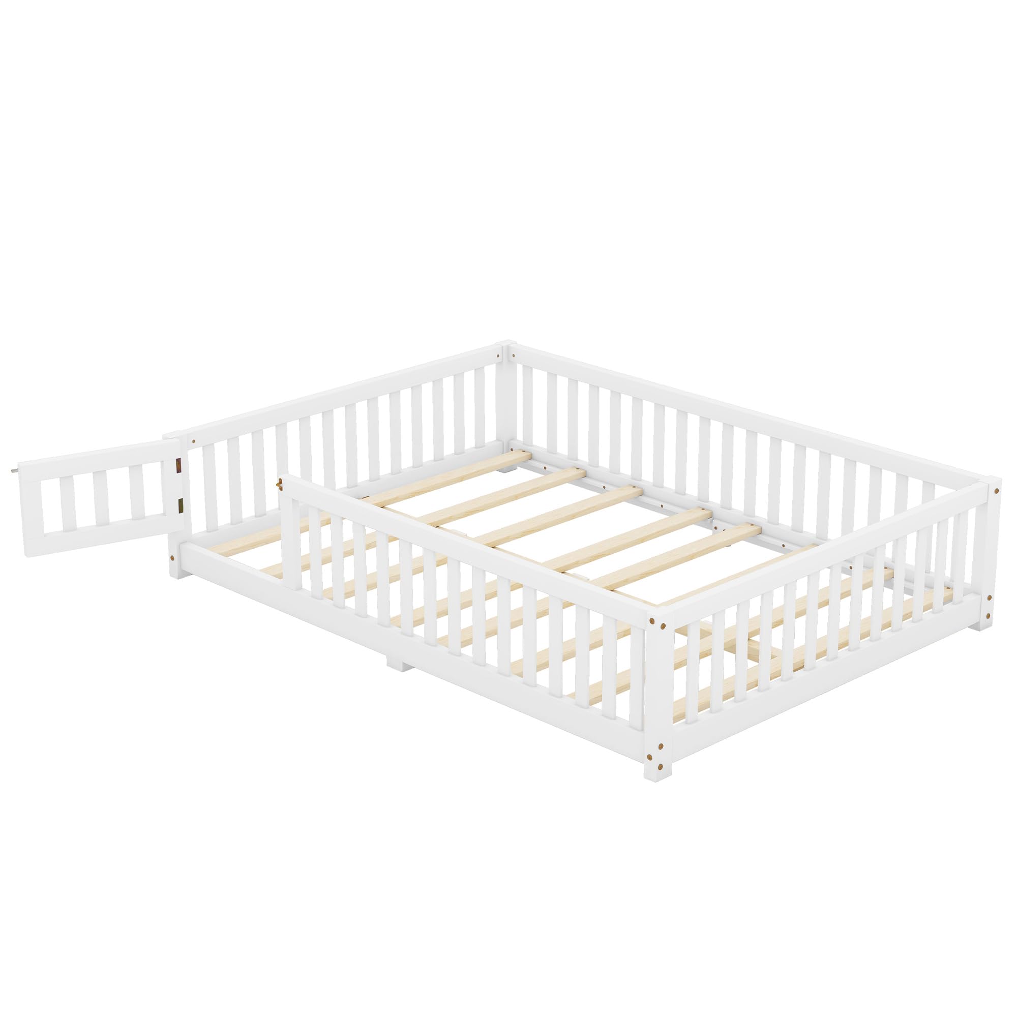 Full Size Montessori Floor Bed with Fence and Door