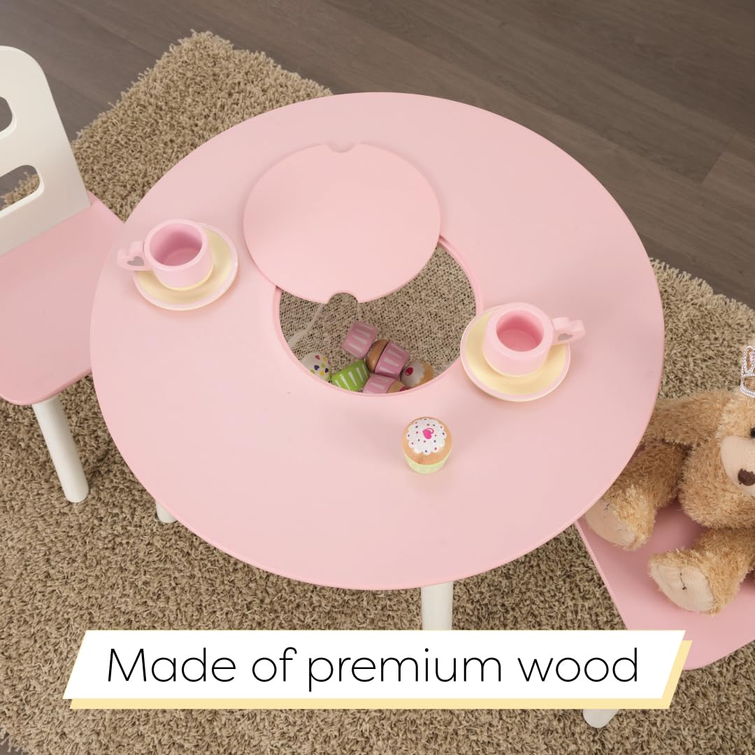 Wooden Round Table & 2 Chair Set with Storage
