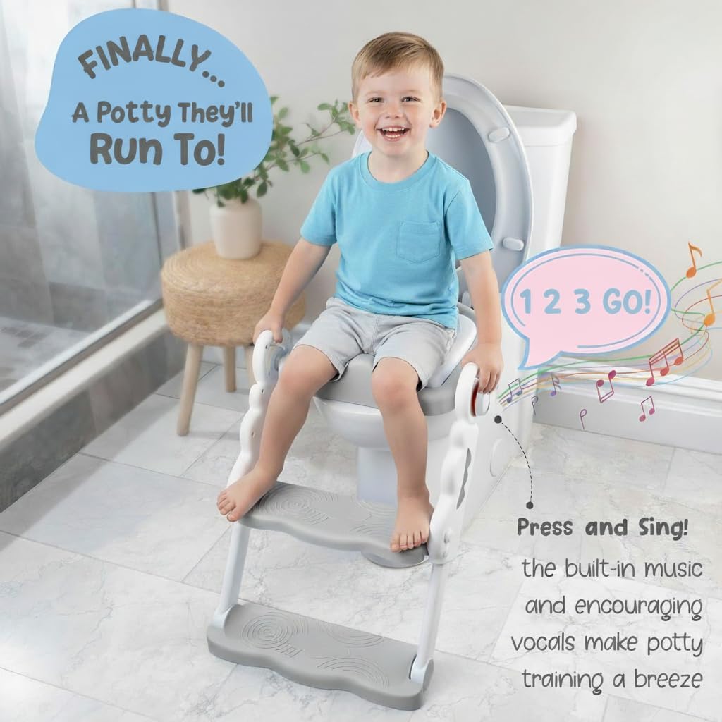 bebeleh Musical & Sound Toddler Potty Training Seat w/Step Stool Ladder - Collapsible & Adjustable Toilet, Pre Assembled Toddler Toilet Seat w/Music & Sounds - Splash Guard & Anti-Slip Steps - Gray
