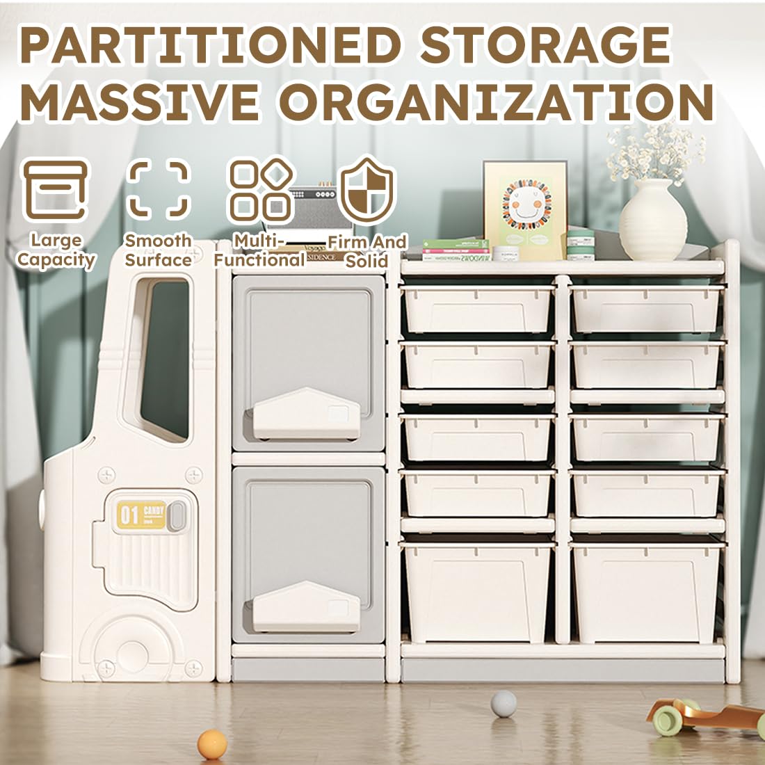 Kids Toy Organizer Multi-Functional Storage Bookshelf with Bins and Cabinets
