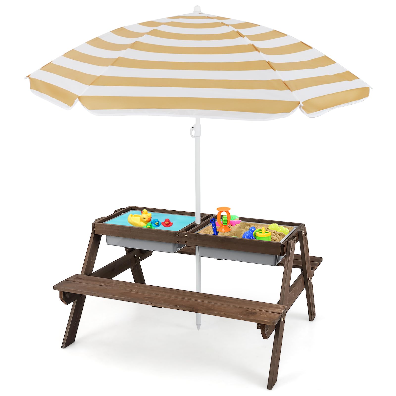Kids Picnic Table, 4 in 1 Cedar Wooden Sand & Water Table w/ 3 Removable Box & Umbrella