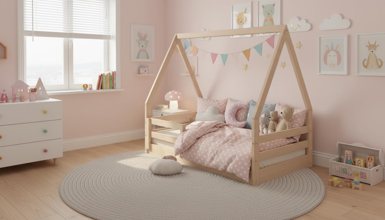 Montessori Toddler Floor Bed with Rails - Solid Pine Wood