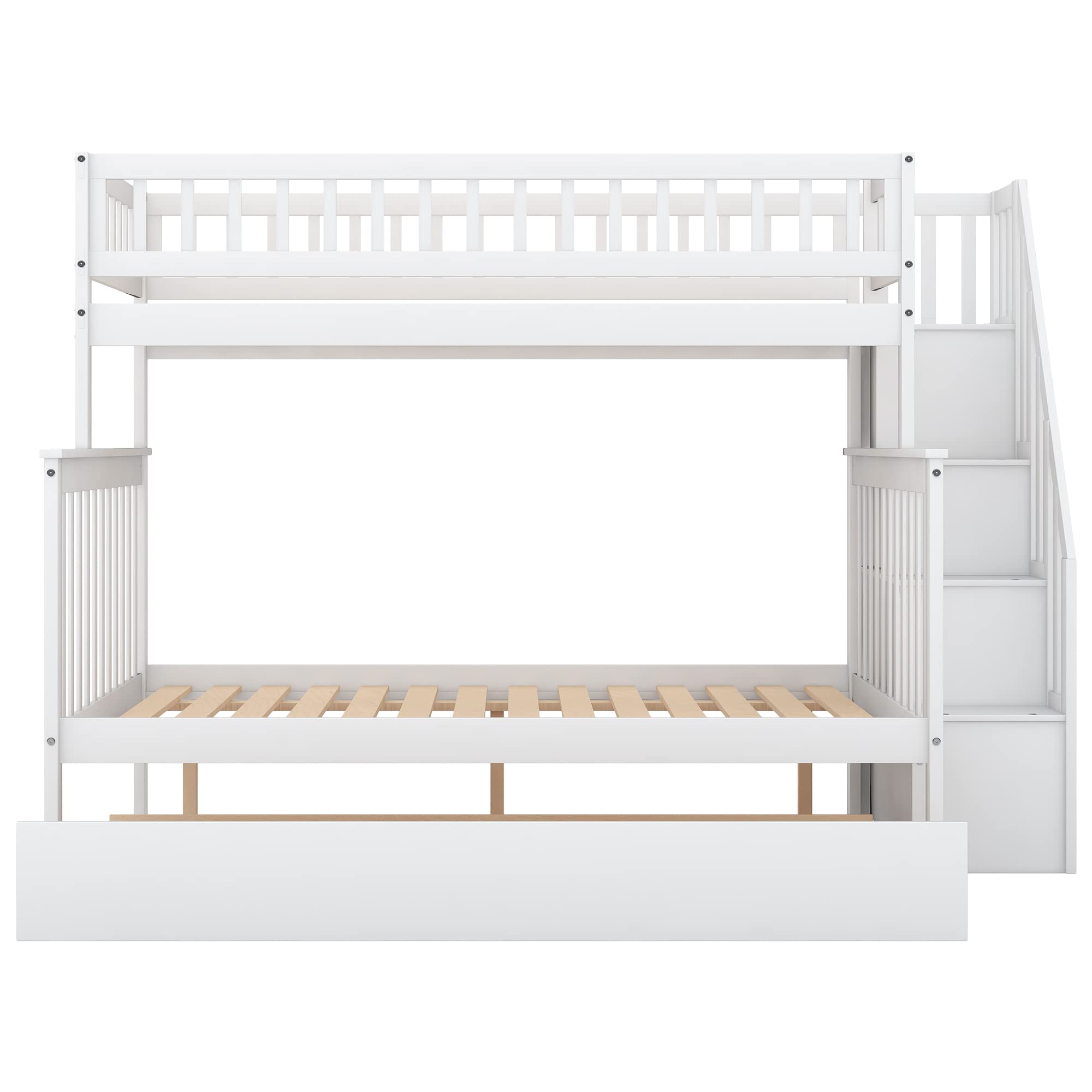 Twin Over Full Bunk Bed with Trundle and Staircase, Bedroom/Guest Room Furniture, Space-Saving Design,White