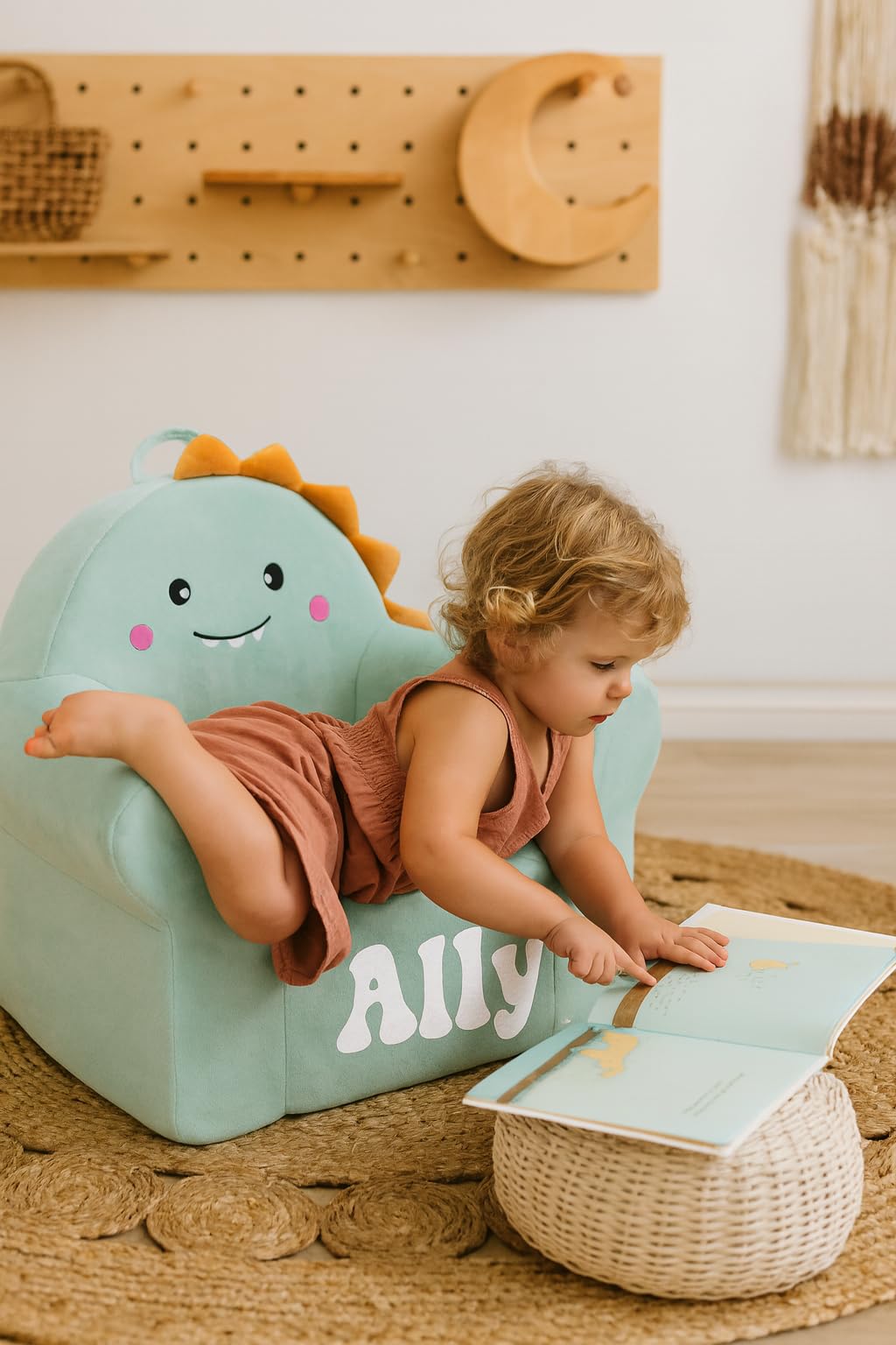 Dinosaur Toddler Chair – Custom Name Kids Sofa, Soft Plush Foam Seat