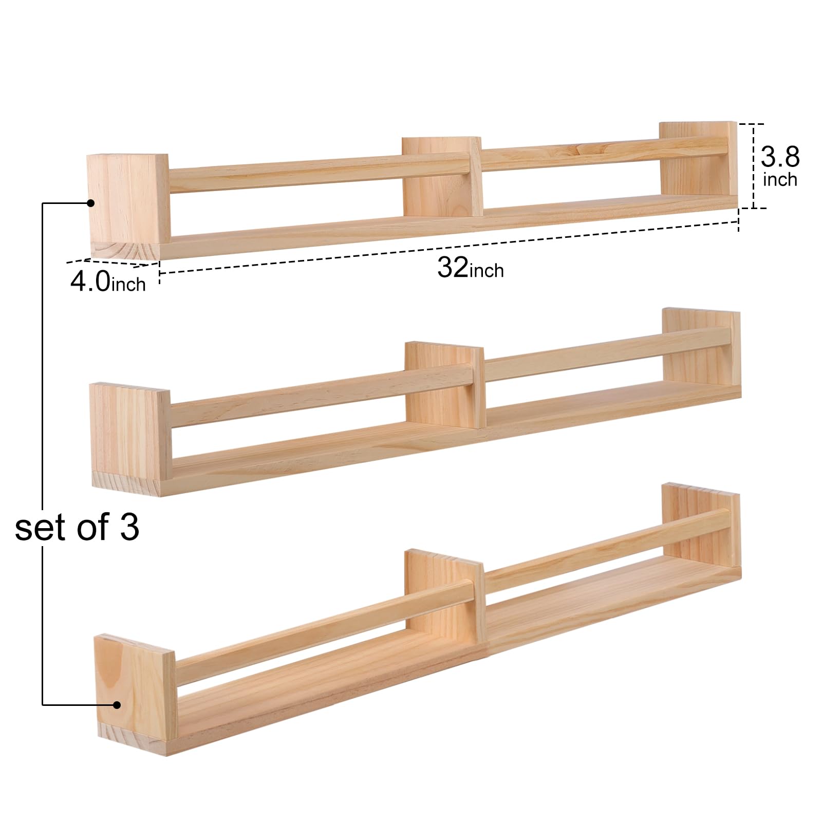 Wall Mounted Nursery Bookshelf Set of 3 Natural Wood