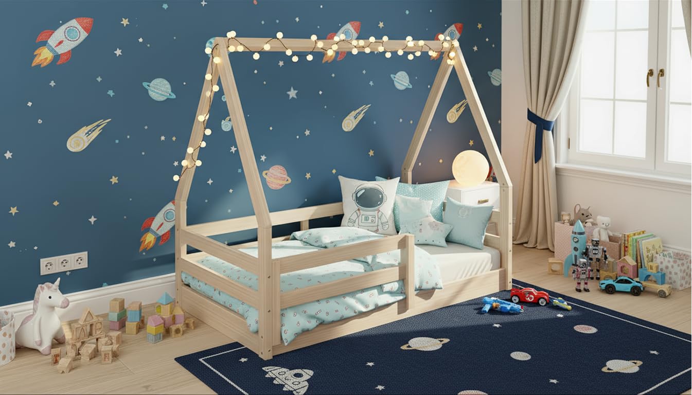 Montessori Toddler Floor Bed with Rails - Solid Pine Wood