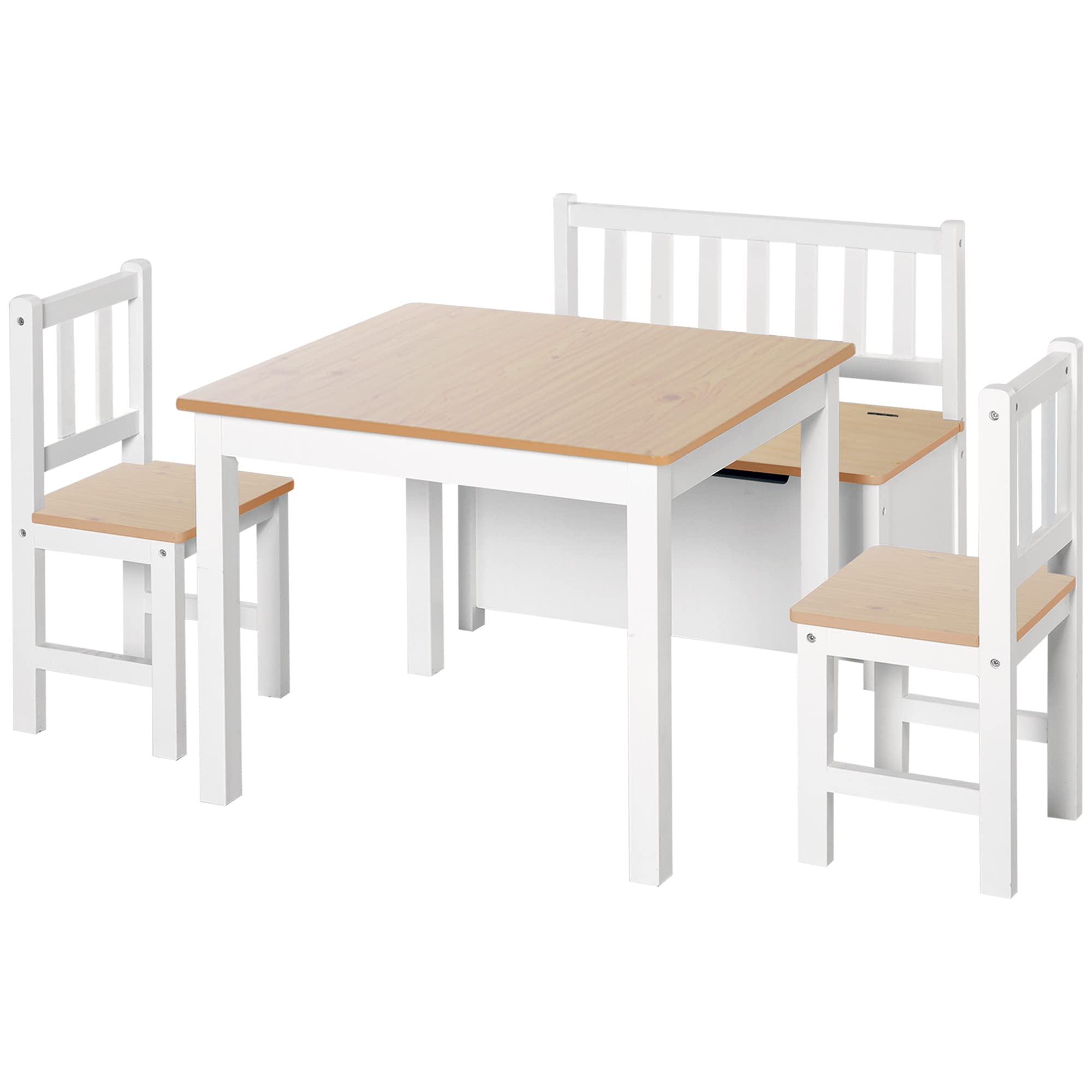4-Piece Kids Table Set with 2 Wooden Chairs, 1 Storage Bench