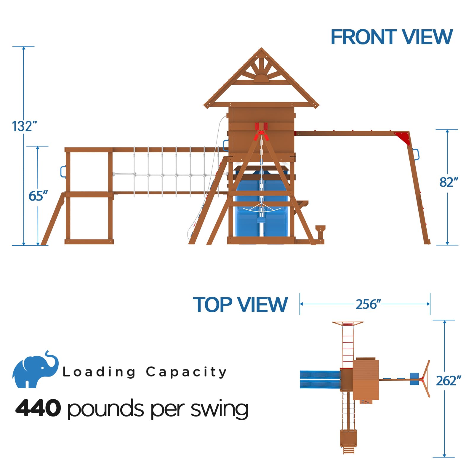 Wooden Swing Set with Monkey Bar Plank Bridge Climbing Wall