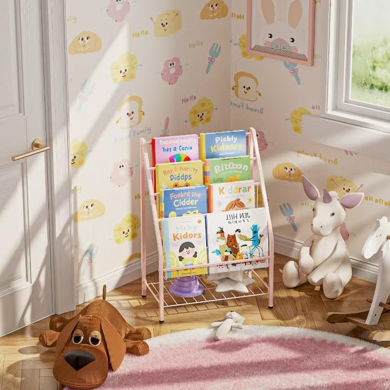 Bookshelf, 4-Tier Metal Child Bookshelves Rack with Toy Storage
