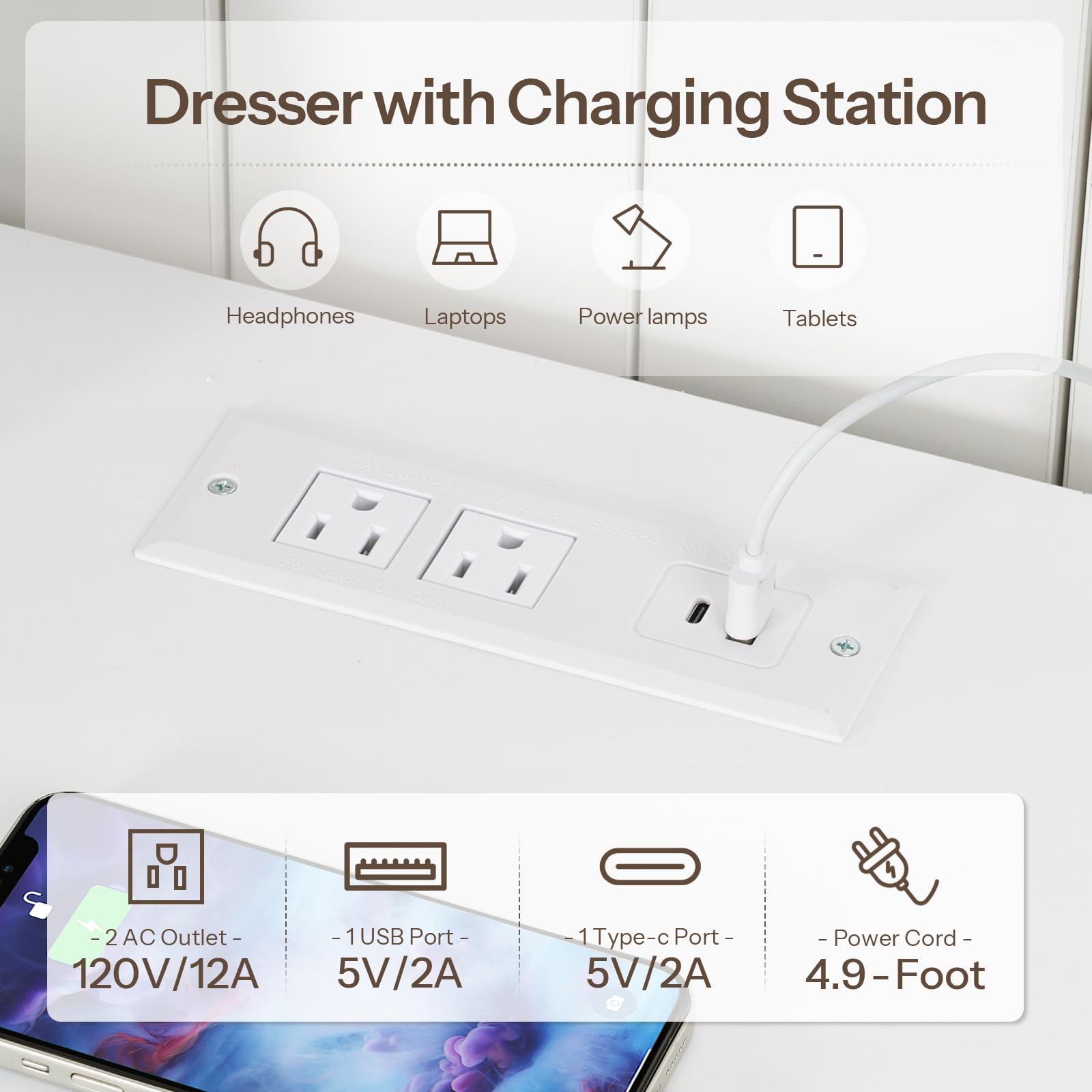 9 Drawer White Dresser with Charging Station and LED Lights