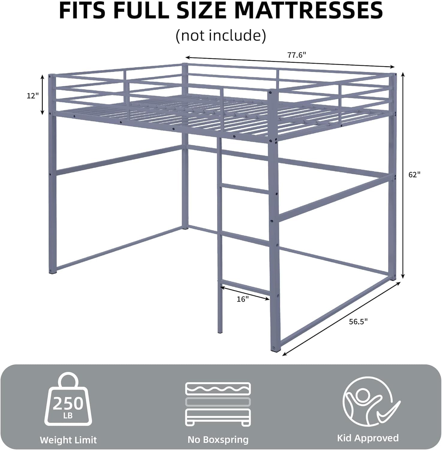 Full Size Metal Loft Bed with Ladder and Safety Rails