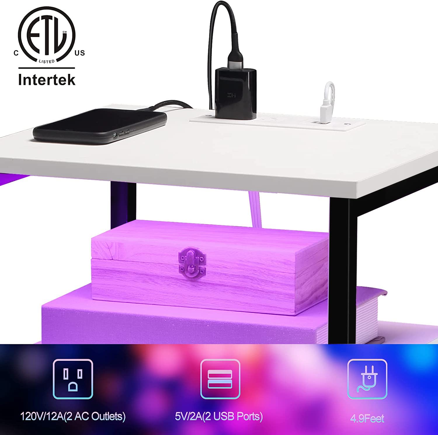 Nightstand with Charging Station and RGB Lights