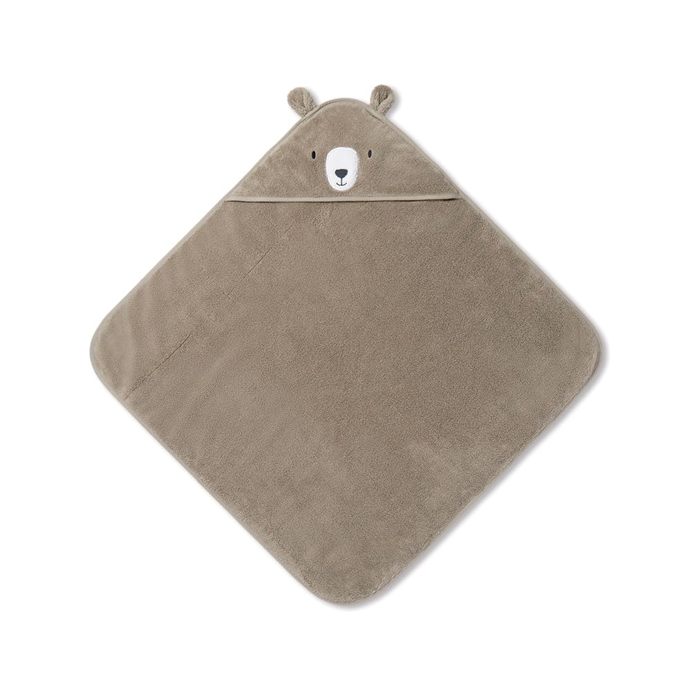Hooded Bath Towel with Bear Design in Taupe - Unisex Soft Cotton