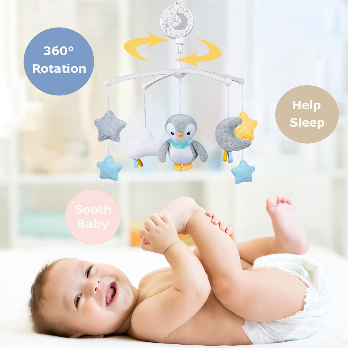 Baby Musical Mobile with Lullabies Music Box, Rotating Penguin Mobile Soother Crib Toy