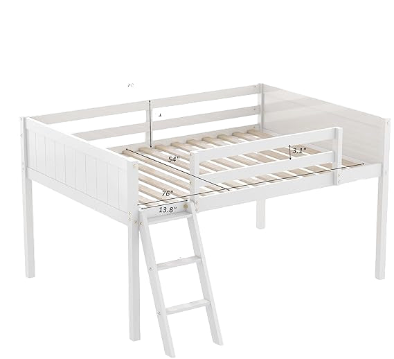 Low Loft Bed: Wooden loftBed with Ladder, Low Loft with Full Guardrail