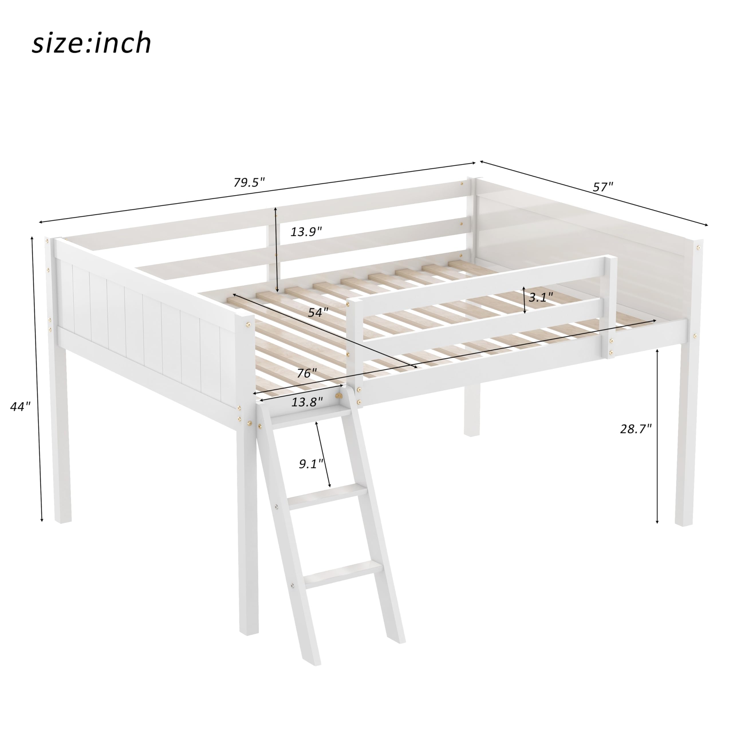 Full Size Low Loft Bed with Ladder and Guardrails