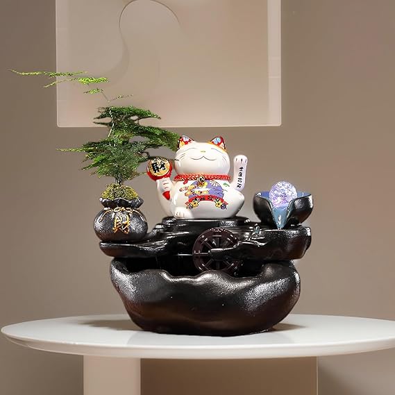 Tabletop Waterfall Fountain with Chinese Ceramic Lucky Cat