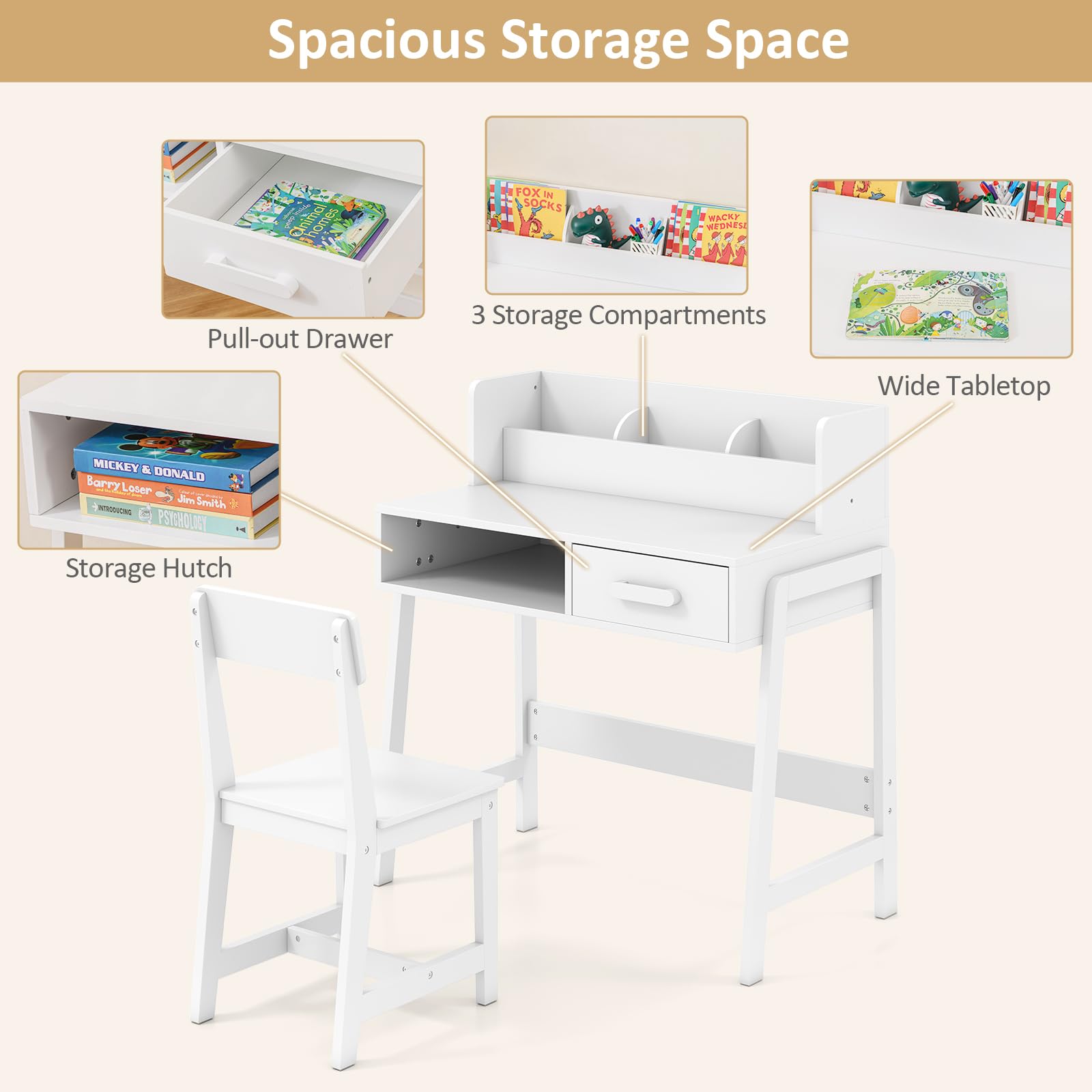 Kids Study Desk and Chair Set with Storage
