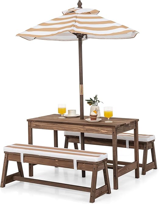 Kids Picnic Table, Outdoor Wooden Table & Bench Set w/Removable Cushions and Umbrella