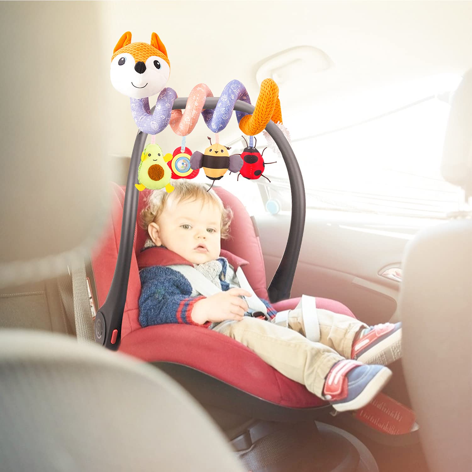 Car Seat Toys, Infant Baby Orange Fox Spiral Plush Activity Hanging Toys
