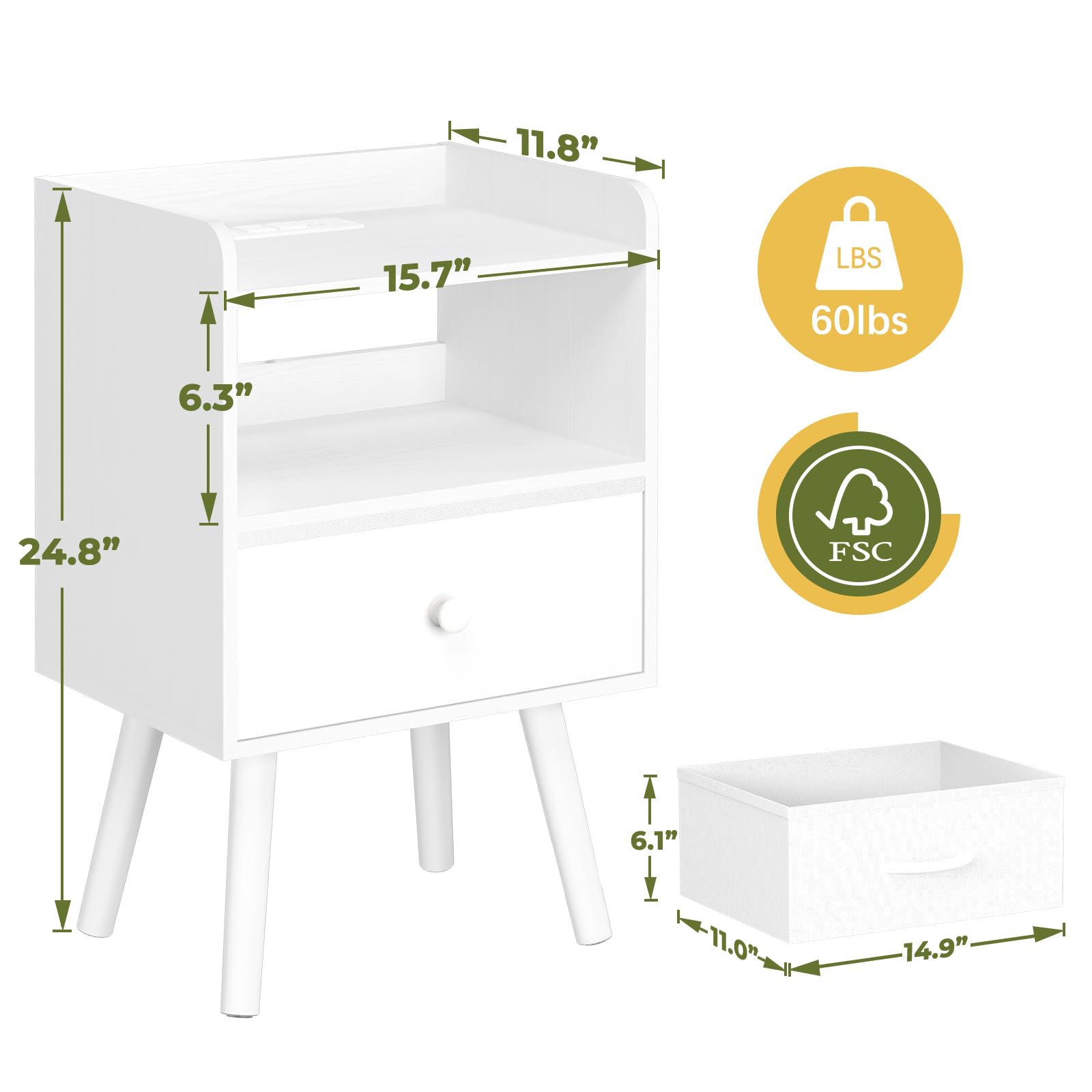 Nightstand with Charging Station and LED Lights