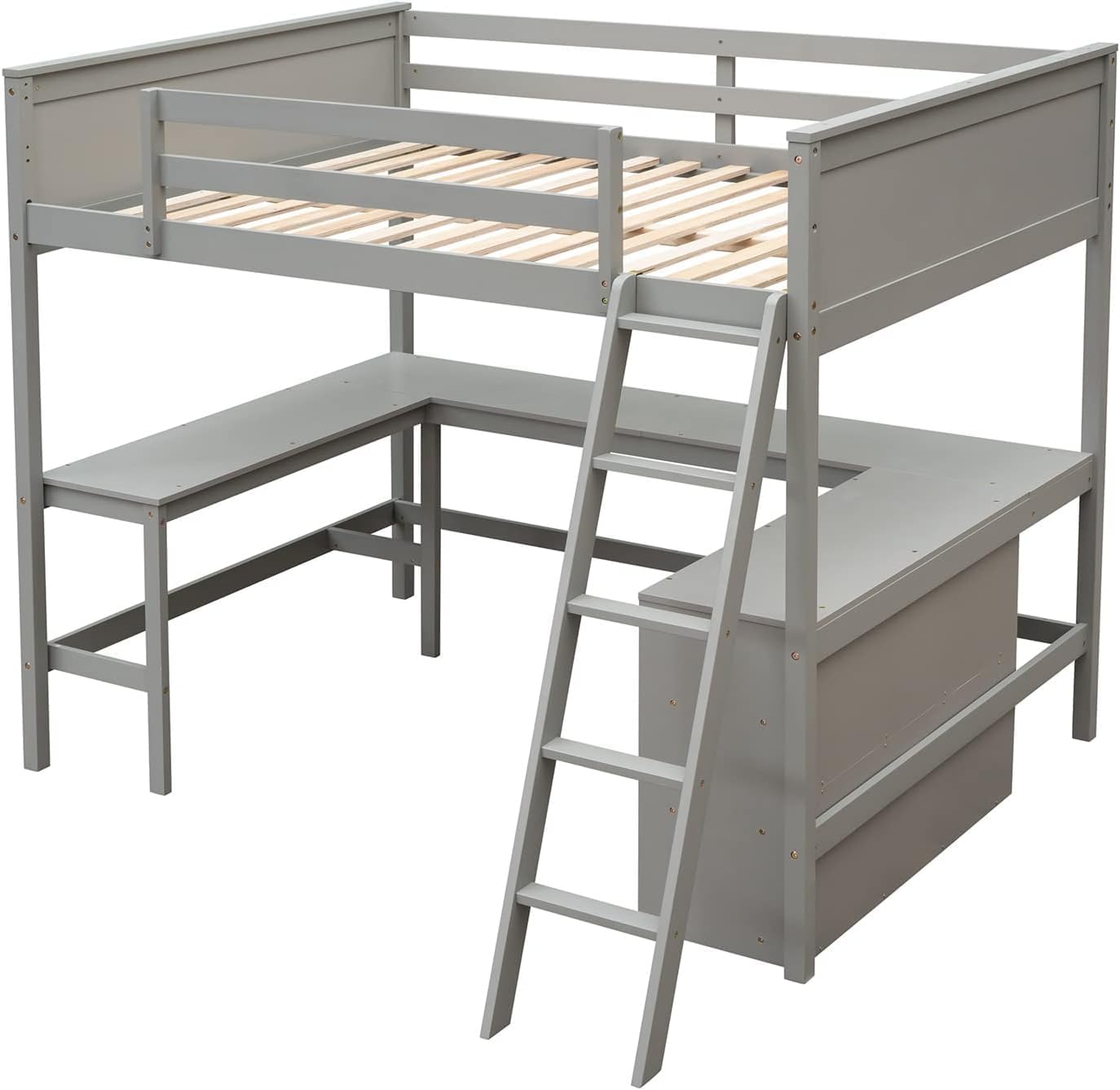 Full Loft Bed with Desk and Storage Shelves Bookcase High Loft Bed Frame Compatible