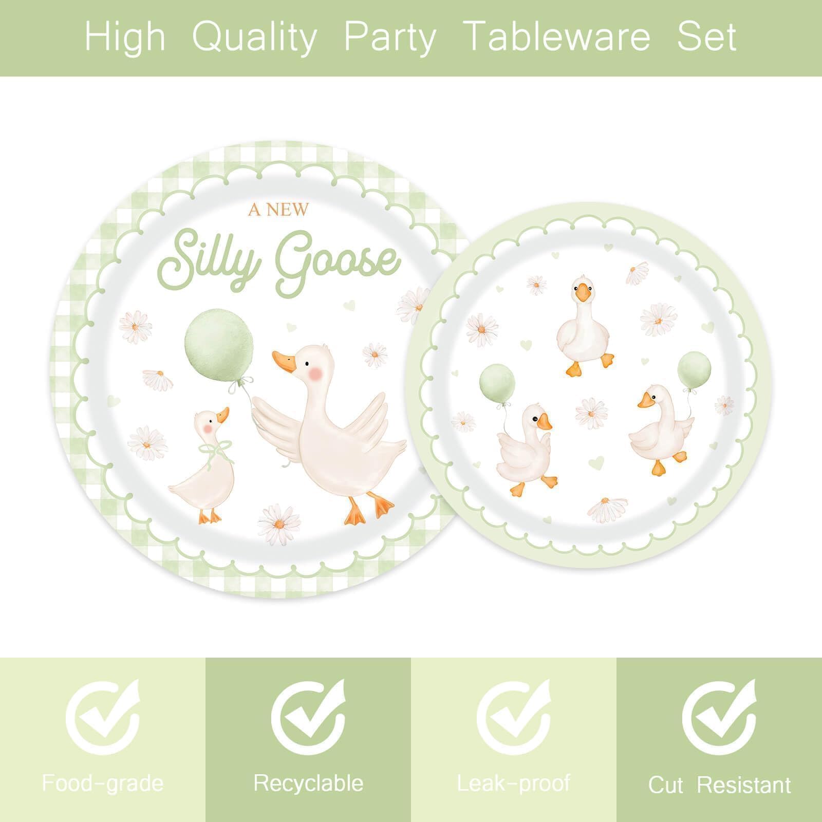 96pcs A New Silly Goose Baby Shower Tableware Kits Goose Theme Disposable Paper Plates and Napkins Set for 24 Guests Farm Animal Baby Shower Supplies for Girls Boys