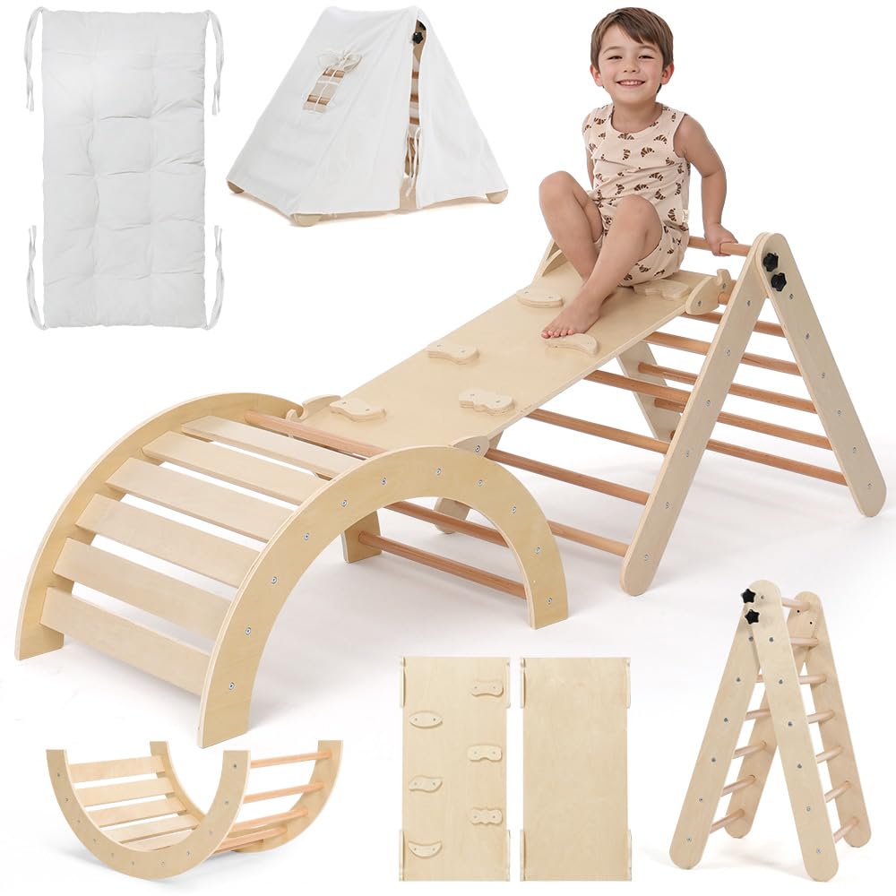 Pikler Triangle Climbing Set with Cushion and Arch Ramp