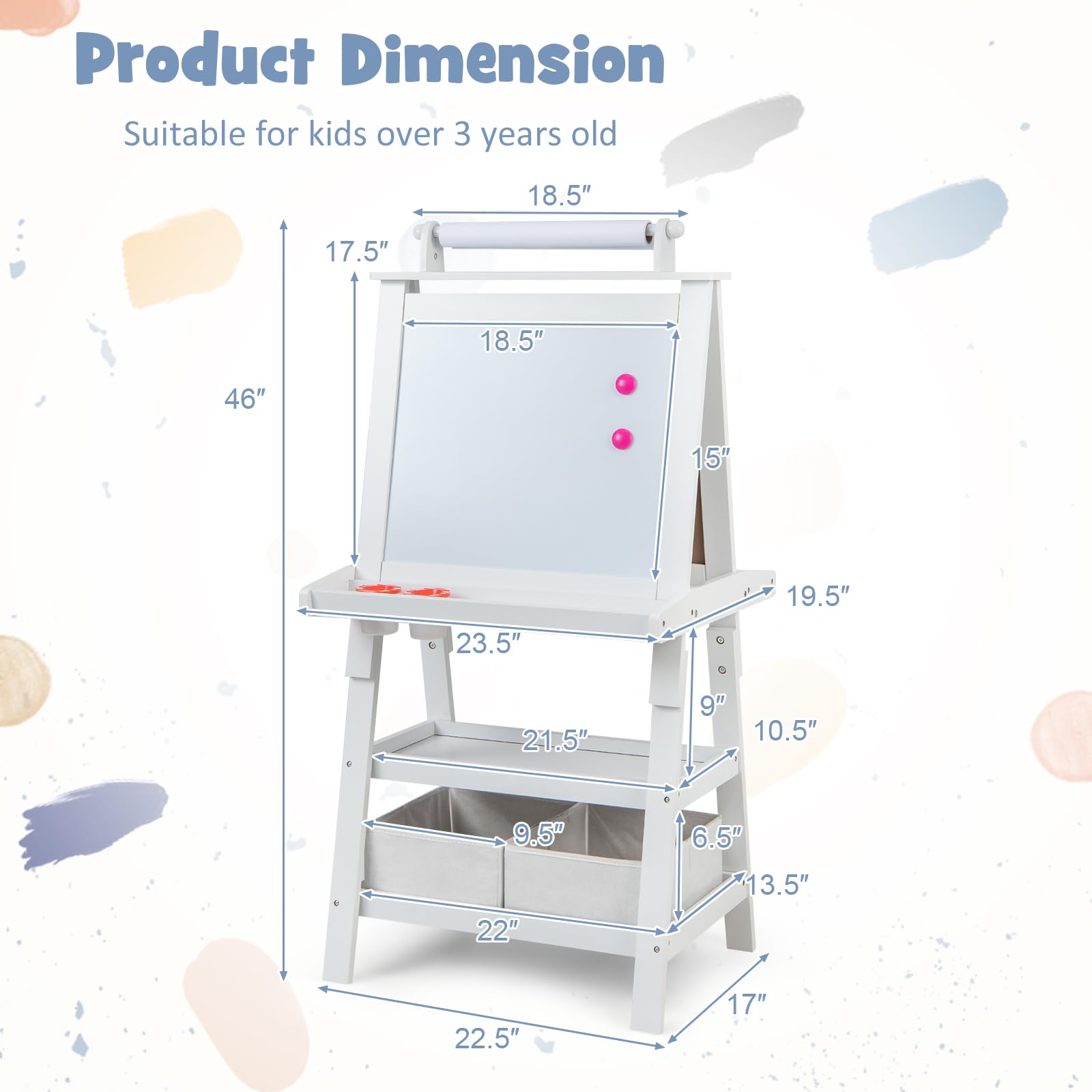 Costzon Kids Art Easel, 3 in 1 Double-Sided Painting Easel w/Magnetic Whiteboard, Chalkboard & Paper Roll, 2-Tier Storage Rack & 2 Boxes, Standing Easel for Kids, Toddlers, Gift for Boys, Girls
