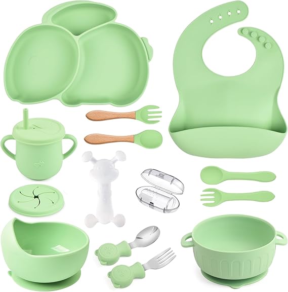 Silicone Baby Feeding Set 15 Pcs，Baby Spoons Suction Bowl Divided Plate