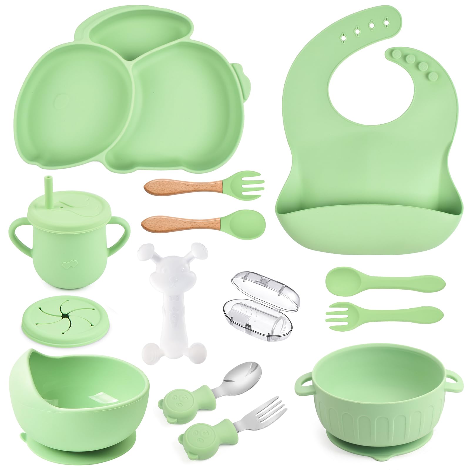 Feeding Set 15 Pcs - Suction Bowl, Divided Plate, Bib, Cup