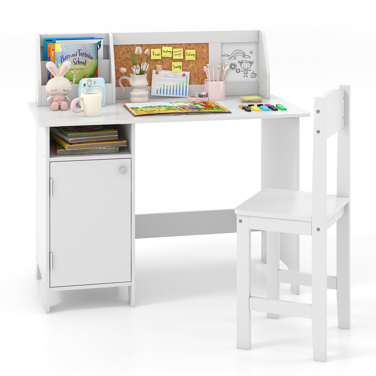 Kids Desk and Chair Set, Wooden Children Study Table with Storage