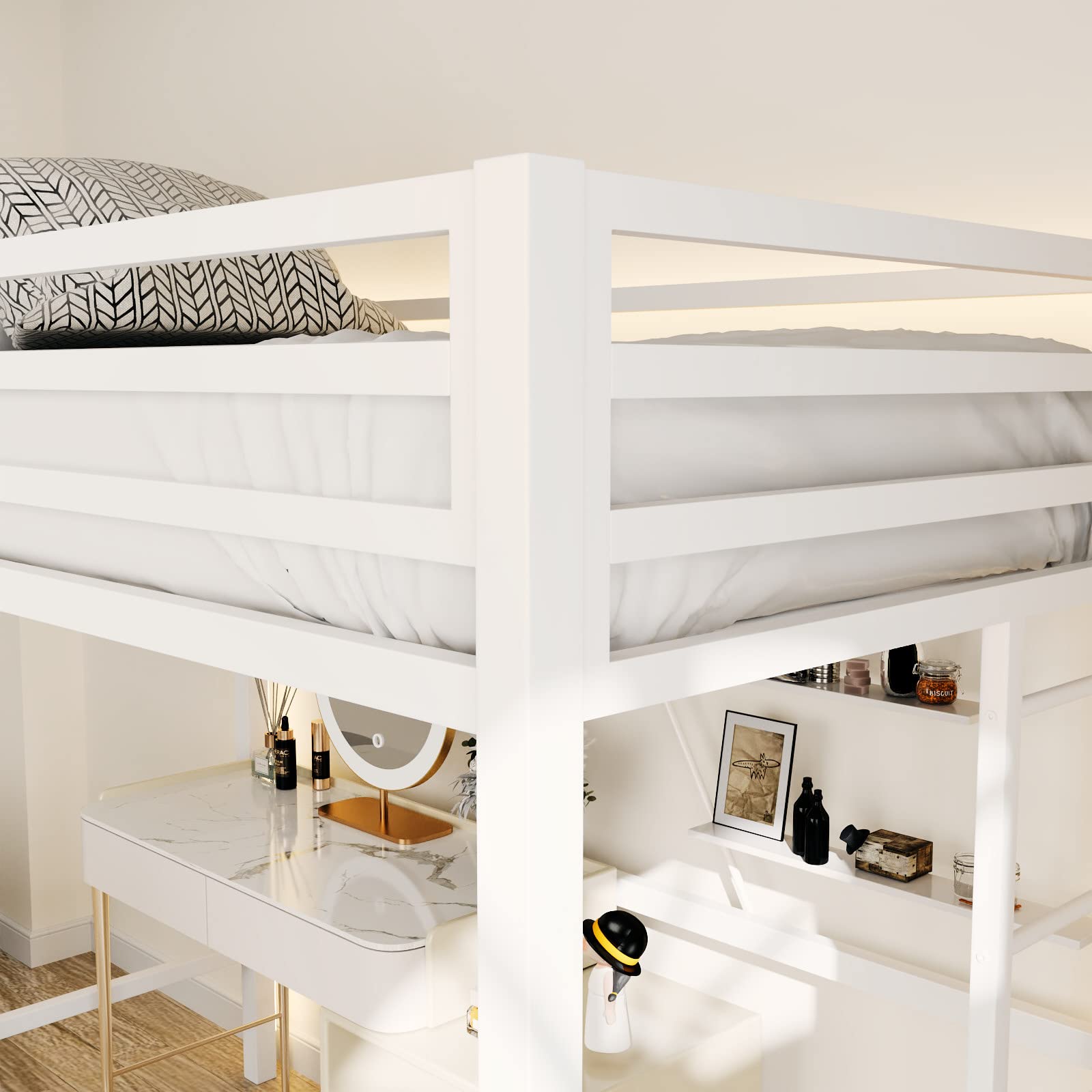 Metal Loft Bed Twin Size with Safety Guardrail and Ladder