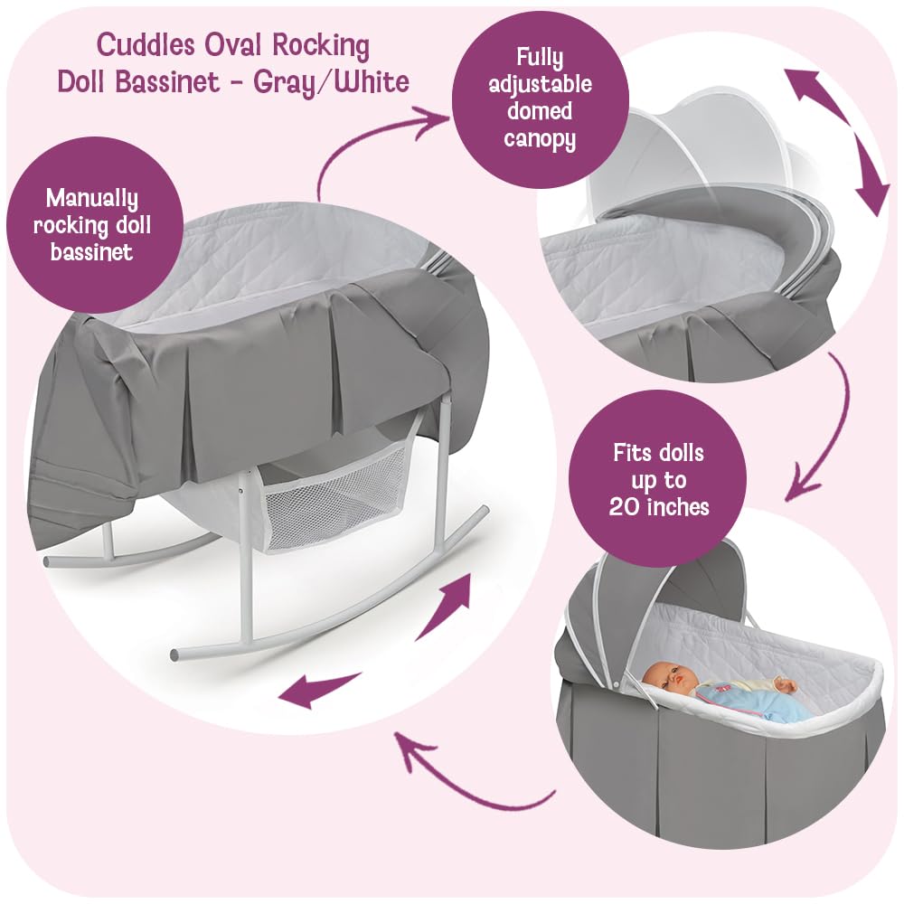 Rocking Doll Bassinet with Canopy and Storage Basket - Fits 18-20 Inch Dolls