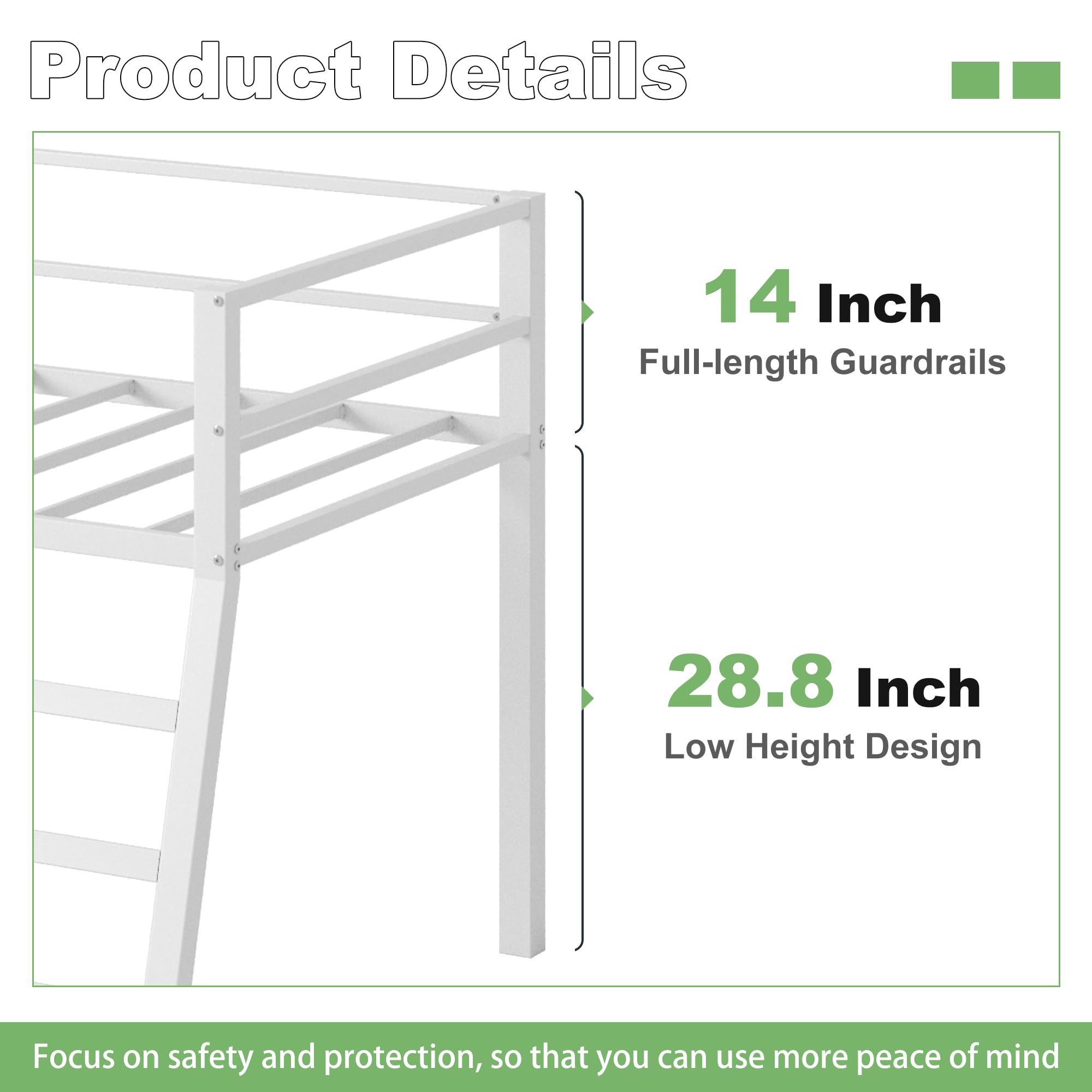 Loft Bed Twin Size, Low Junior Metal Twin Loft Bed with Stairs and Safety Guard