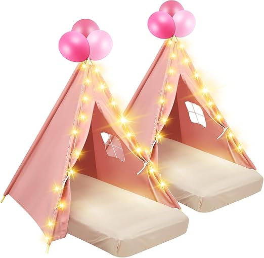 2 Pack Kids Teepee Tent with Mattress,Fitted Sheet,Light String