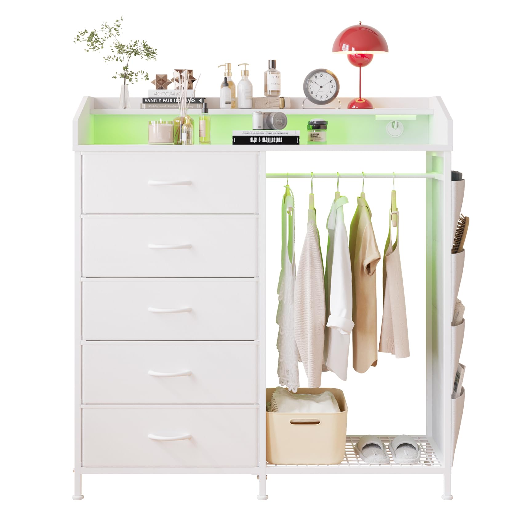 Modern 5 Dresser with LED Hanging Rack, Dresser with Clothes Rack