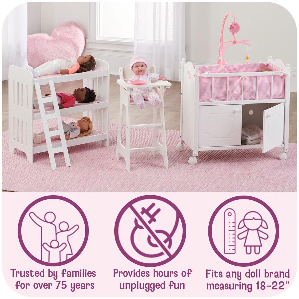 Rocking Doll Bassinet with Canopy and Storage Basket - Fits 18-20 Inch Dolls
